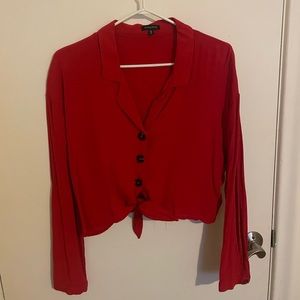 Red Crop Collared Long Sleeve